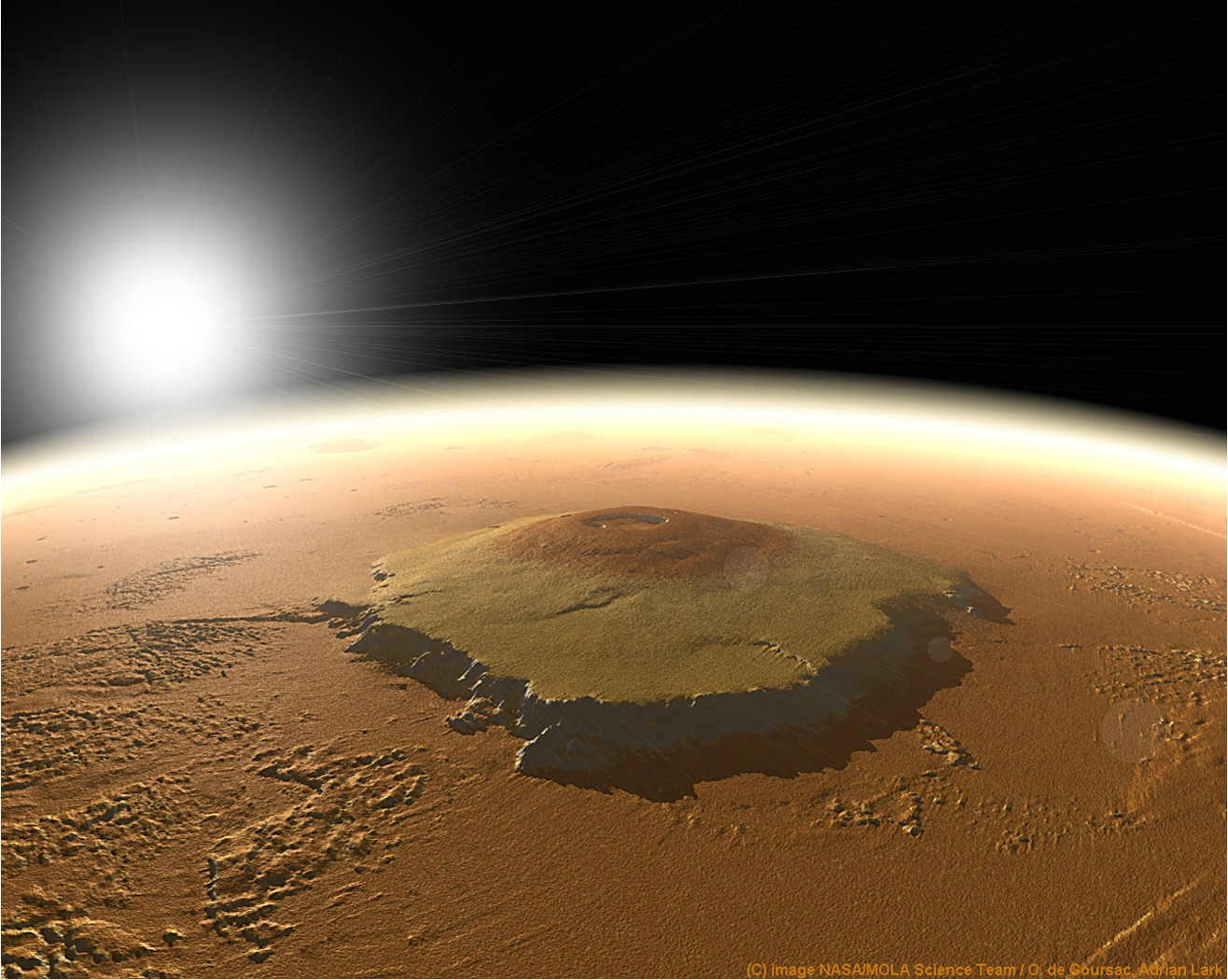 Voici le Mont Olympe ; Immense et plus grand Volcan de Mars ; vu par Hubble !!!!
<br />Il fait plus de 28 fois la taille de notre Everest !!!! Je vous laisse imaginer ...